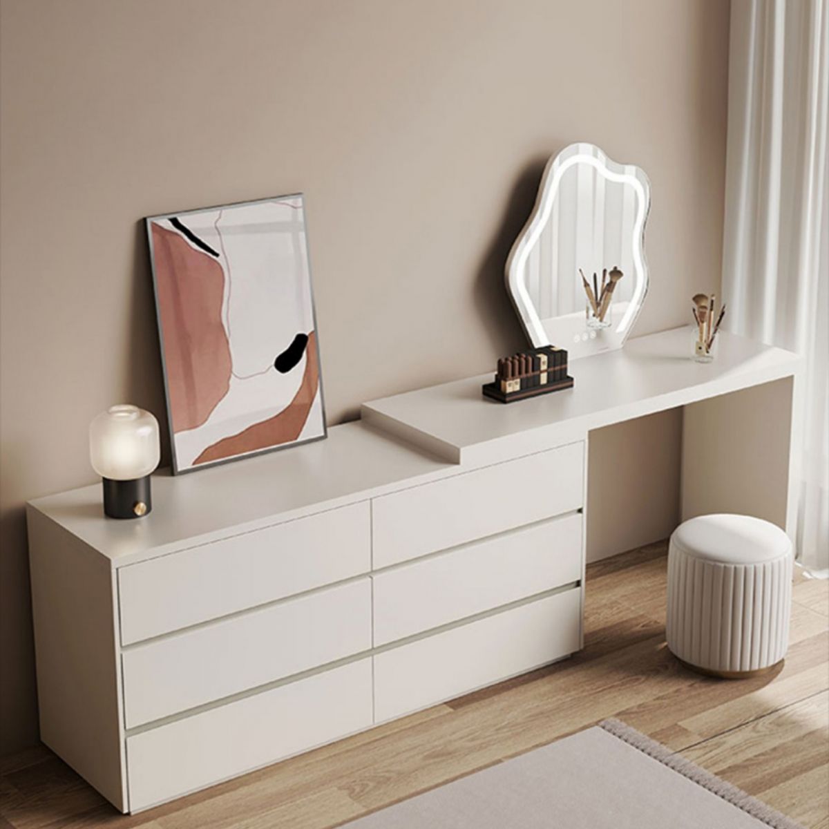 Contemporary 6-Drawer Make-up Dressing Table and Stool - 29.5" H