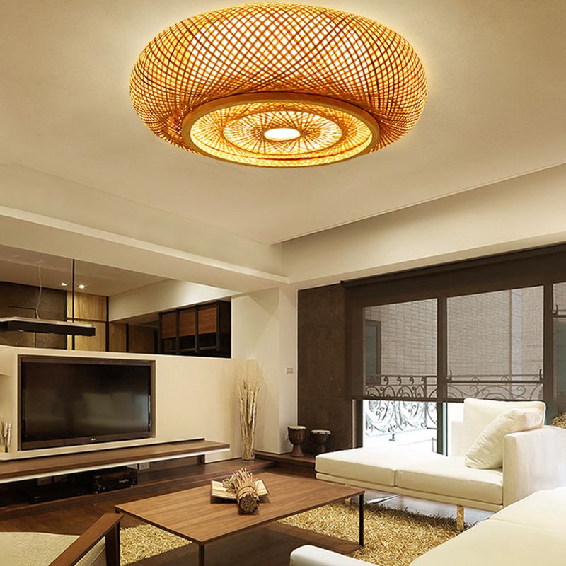 Drum Bamboo Flush Mount Lamp Asian Style Ceiling Lamp for Sitting Room