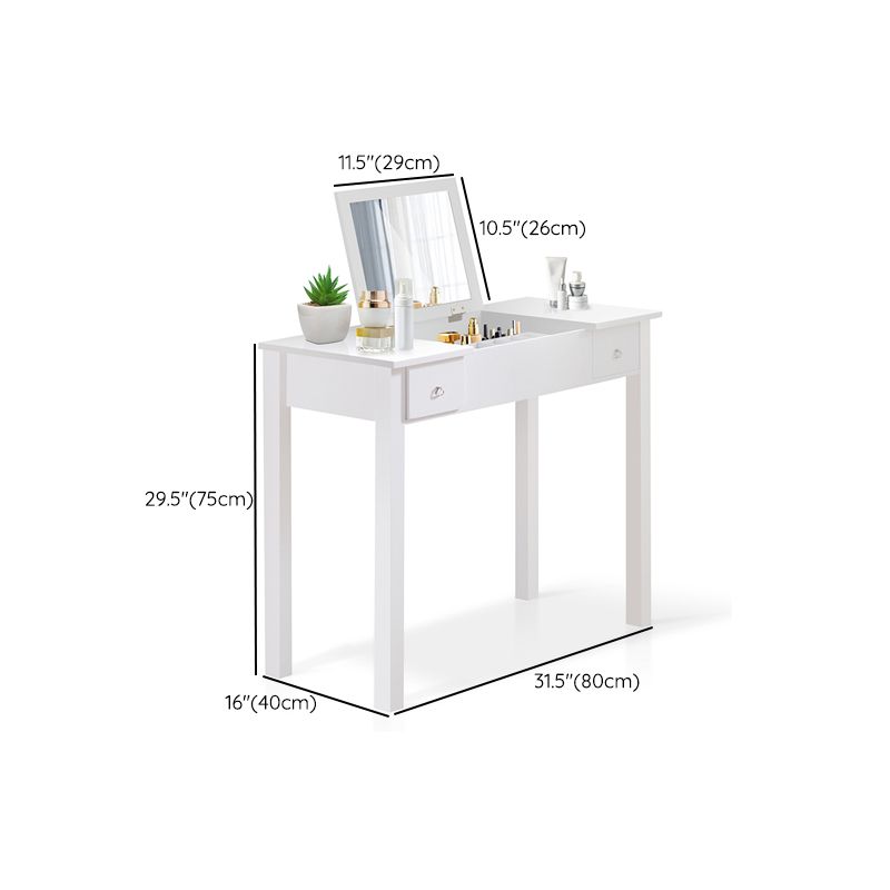 Flip Single Mirror Vanity Desk Double Drawers Straight Feet Dresser in White