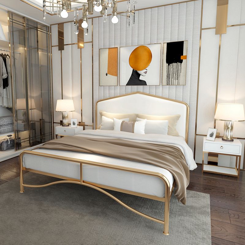 Glam Panel Bed with Camelback Headboard, Metal and Upholstered Bed Frame