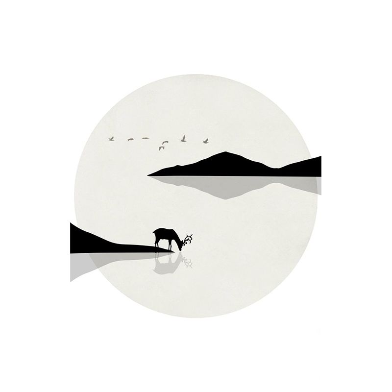 Minimalist Lakeside Deer Drinking Murals Black-White Stain Resistant Wall Covering for Home