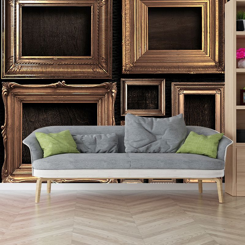 Retro Style Photo Frame Murals Wallpaper for Living Room Whole Wall Decor in Grey-Gold