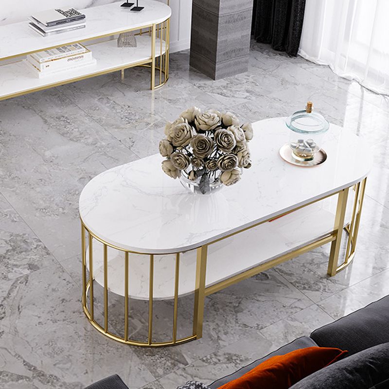 Glam Style Oval Coffee Table with Marble Top and 1 Shelf in White