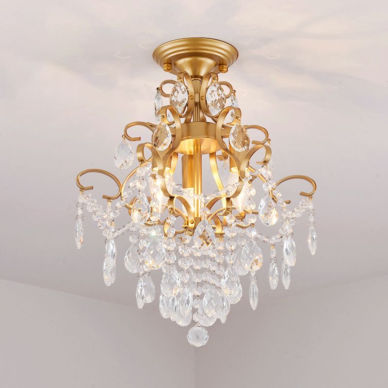 Classic Scrolled Arm Semi Flush Light Metal Ceiling Lighting in Brass with Crystal Draping