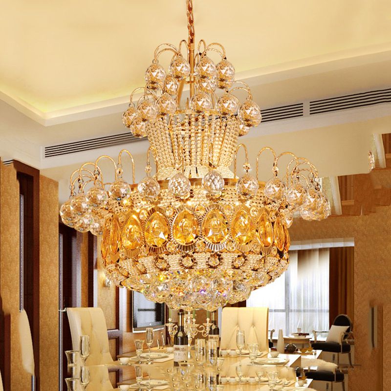 Contemporary Gourd Ceiling Light Crystal 6 Light Gold Hanging Light Fixture for Dining Room, 18"/23.5" Wide