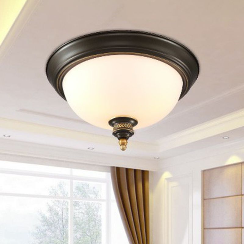 Inverted Dome Cream Glass Flush Mount Lighting Classic 3 Heads Bedroom Flush Mount Fixture in Black