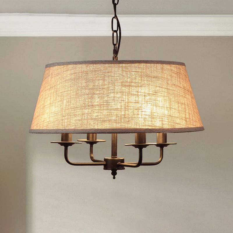 4 Lights Fabric Chandelier Light Rural Style Beige/Green Tapered Drum Dining Room Drop Pendant