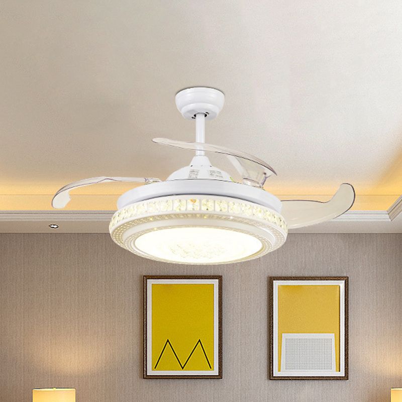 2-Tier Round Crystal Semi Mount Lighting Contemporary 16.5" Wide LED White Hanging Fan Lamp, 4 Blades