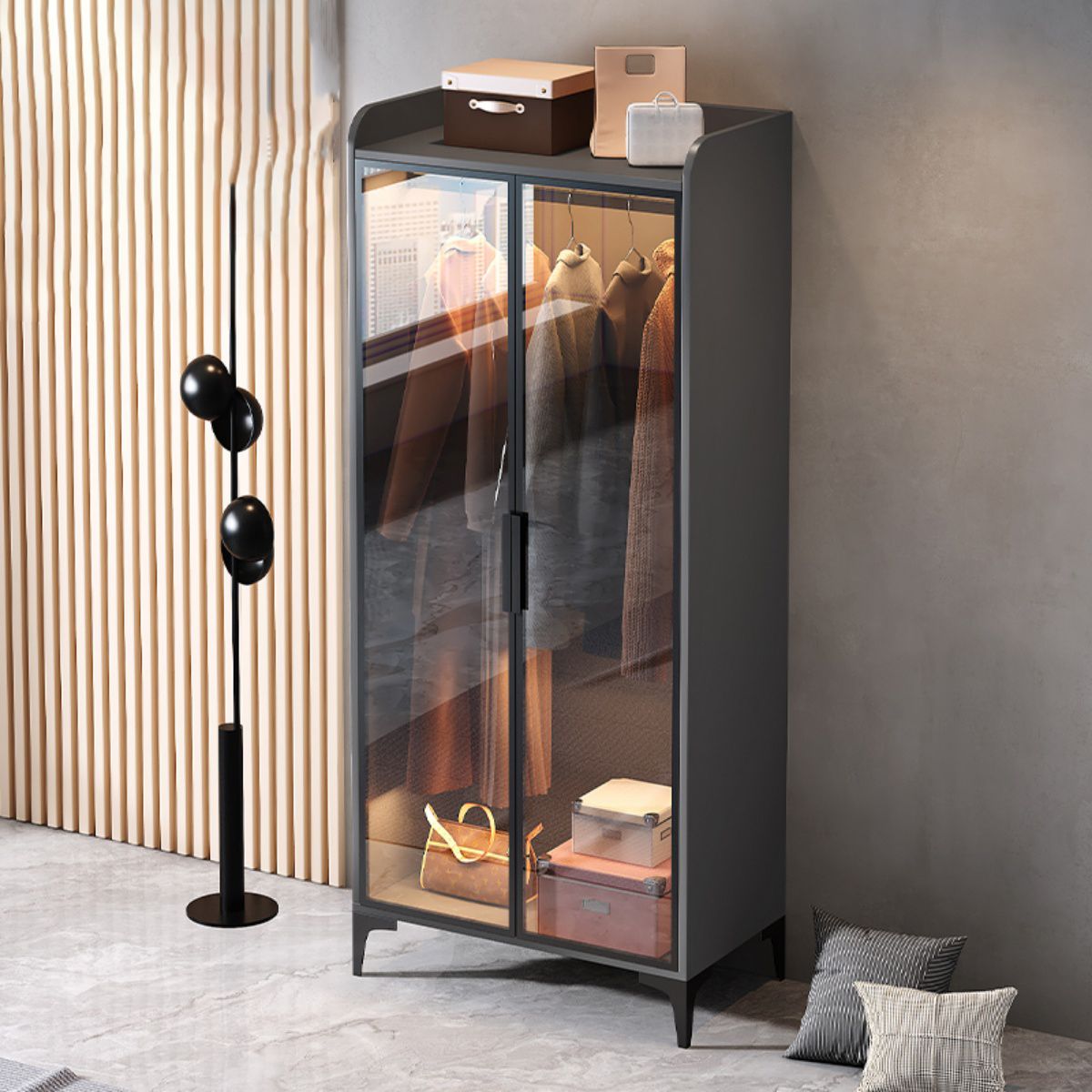Contemporary Wood Frame Wardrobe Freestanding Wardrobe with Glass Doors