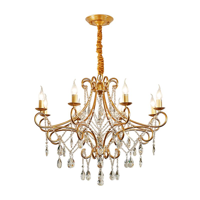 Gold Finish Ceiling Hang Light Vintage Metal Candlestick Chandelier with Crystal Strand