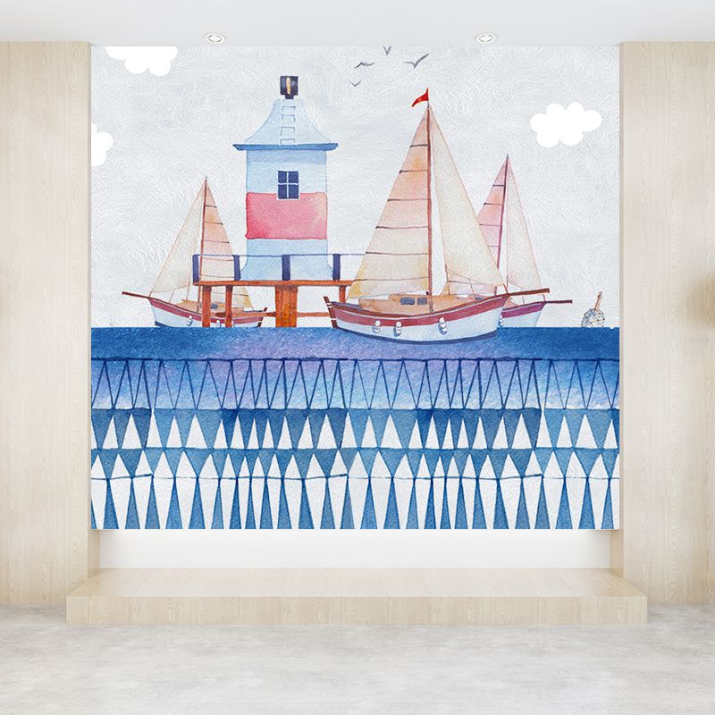 Cartoon Scenery Drawing Mural Decal Soft Color Childrens Art Wall Covering for Nursery