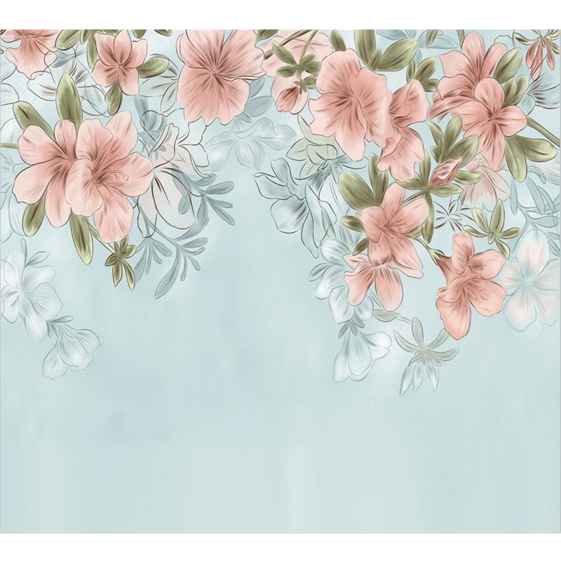 Country Girls Wallpaper Murals with Blooming Peach Pattern Pink and Blue Wall Decor