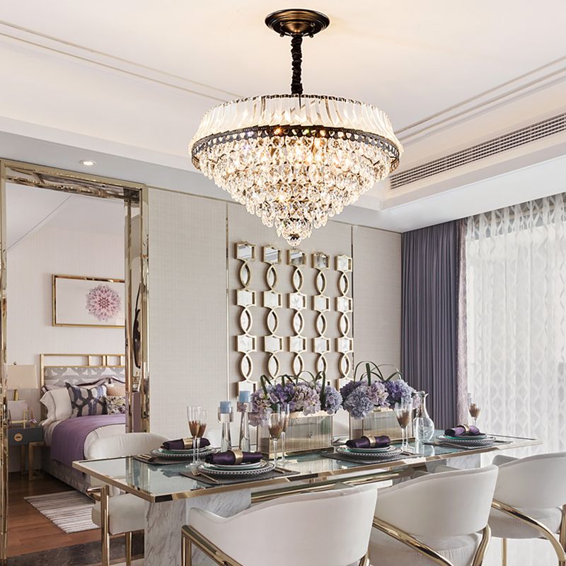 6 Heads Clear Teardrop Crystal Hanging Ceiling Light Black Cone Bedroom Chandelier Lighting