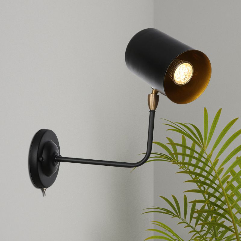 1 Light Sconce Light Fixture Industrial Cylinder Metallic Wall Mounted Lamp in Black with Bend Arm for Bedside