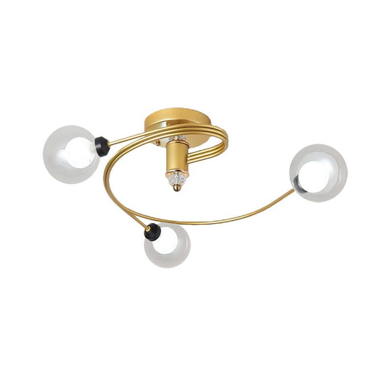 Gold Spiral Semi Flush Lighting Nordic 3/5 Lichter Deckeneinbau mit Orb Klar/Milch/Weiß Glasschirm