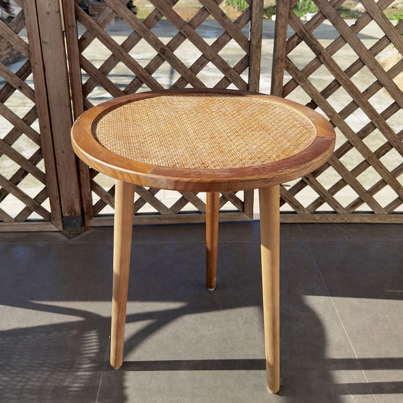 French Rustic Round Rattan Top Side Table 3 Legs Wooden End Table