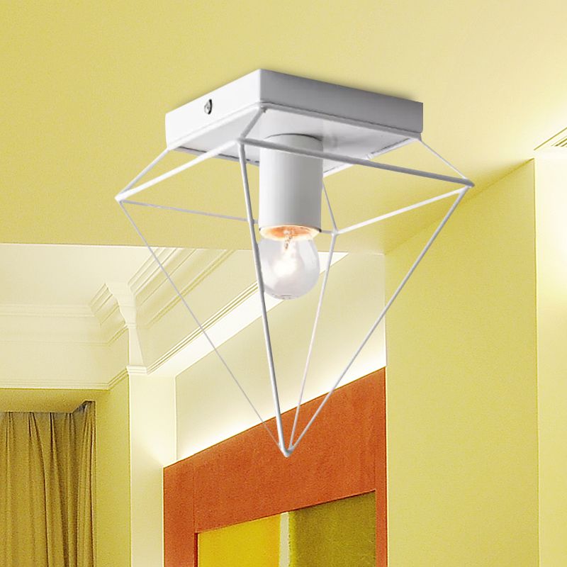 1 Light Cage Diamond Flush Mount Ceiling Light Loft Stylish Black/White Metallic Ceiling Lamp for Study Room