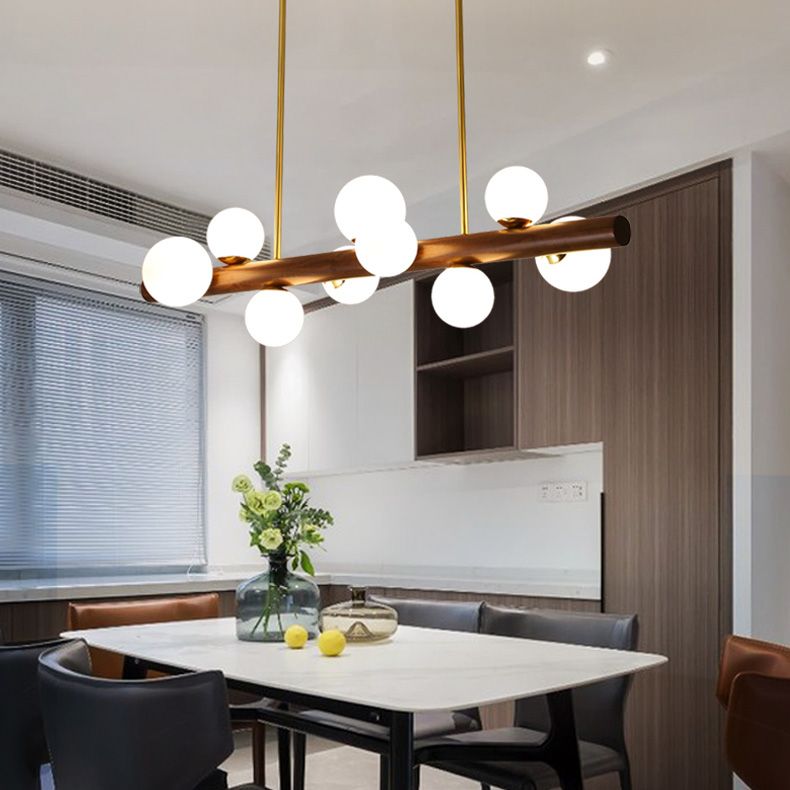 Sfera Isola Light Contemporary Wood Isola lampadario con tonalità di vetro