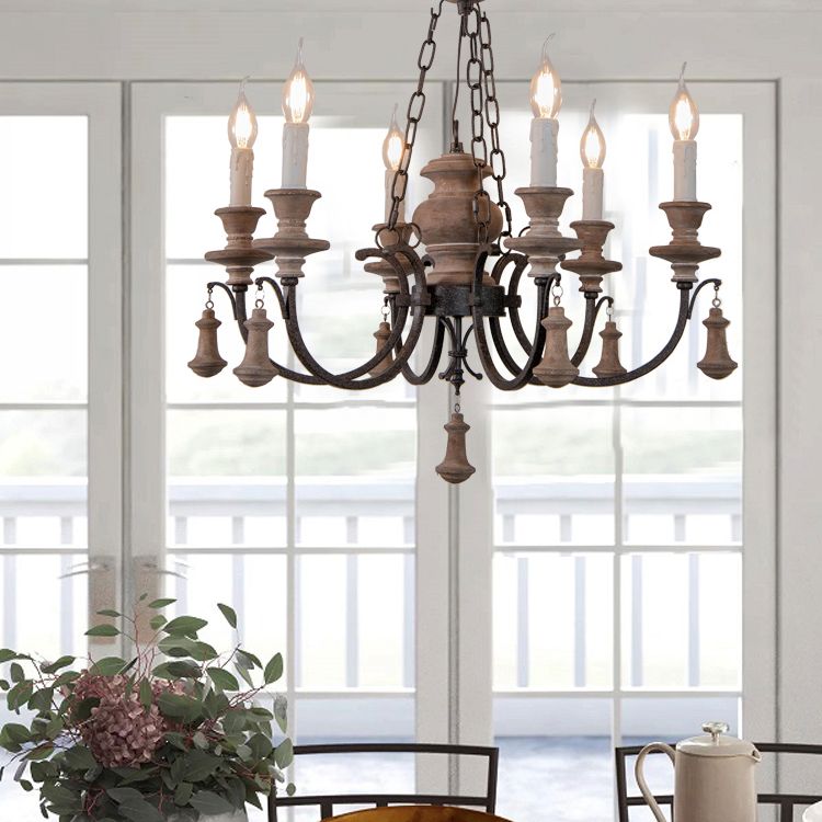 Wooden Brown Chandelier Candle Style 6-Light French Country Suspension Light