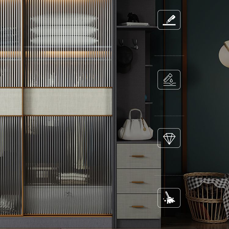 Modern Sliding Door Wardrobe for Home Grey Cabinet with Clear Glass Door