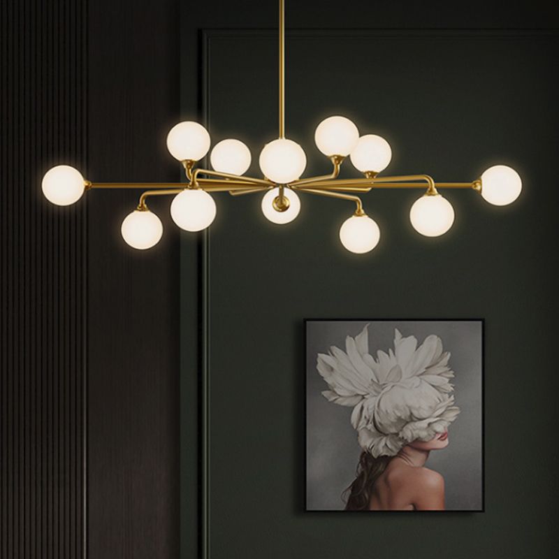Postmodern Sputnik Island Lighting Metal 6/9/12 Heads Living Room Ceiling Pendant in Gold with Ball White Glass Shade