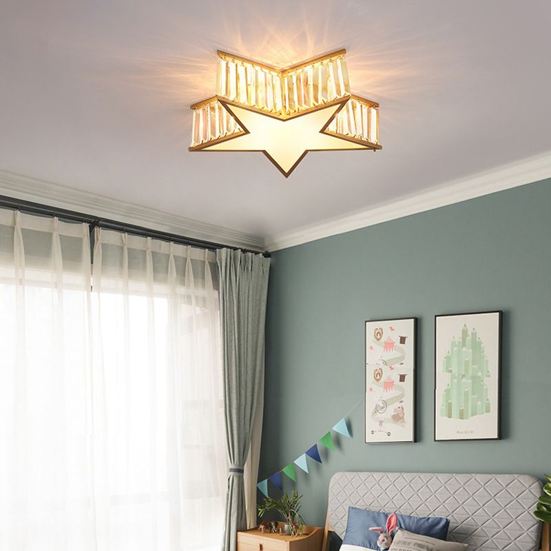 Plafonnier Gold Star de style classique colonial en cuivre à 5 lumières avec abat-jour en cristal