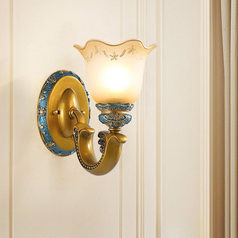 Frosted Glass Gold Wall Lamp Printed Flower 1-Bulb Warehouse Wall Mounted Lighting for Corridor