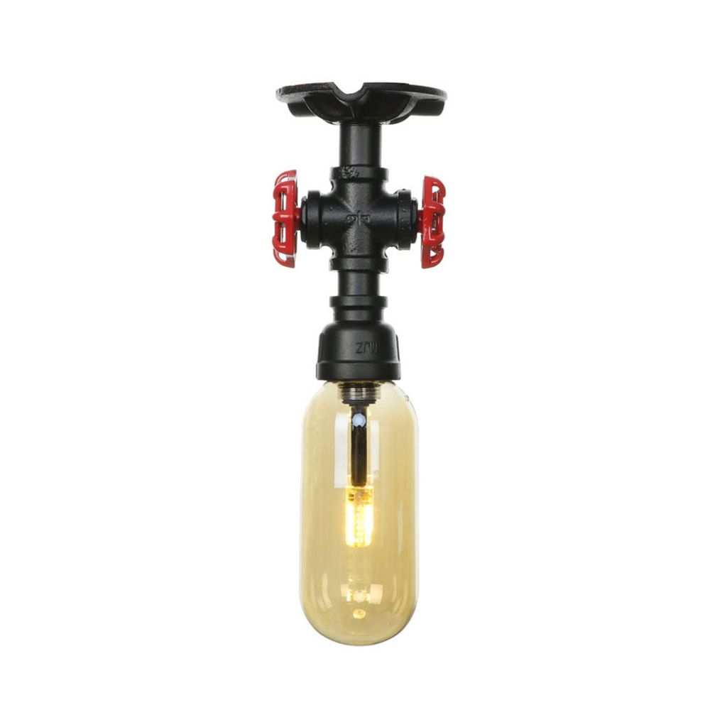 1 Light Capsuled Shade Semi Flush Light Industrial Black Amber Glass Ceiling Mount with Pipe Design