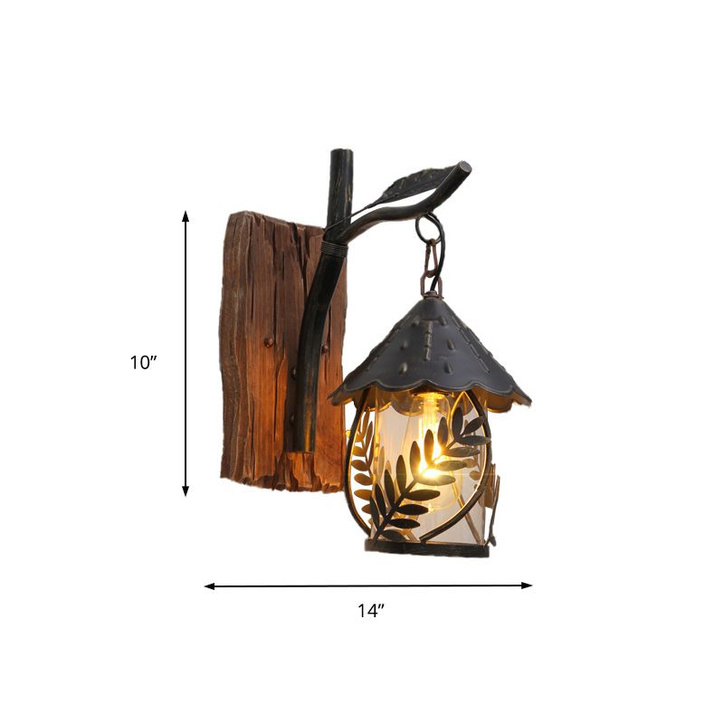 One Bulb Wall Light with Cylindrical Shade Clear Glass Industrial Living Room Sconce with Leaf Branch in Black
