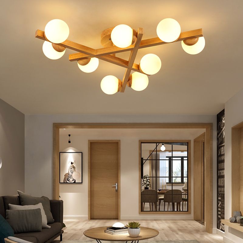 Luminaire semi-encastré en bois moderne, lampe semi-encastrée à plusieurs têtes pour chambre à coucher avec abat-jour en verre globe