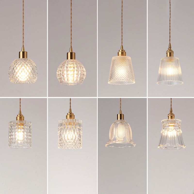 Modern Style Small Pendant Lamp Clear Glass Single-Bulb Bedside Pendulum Light in Brass