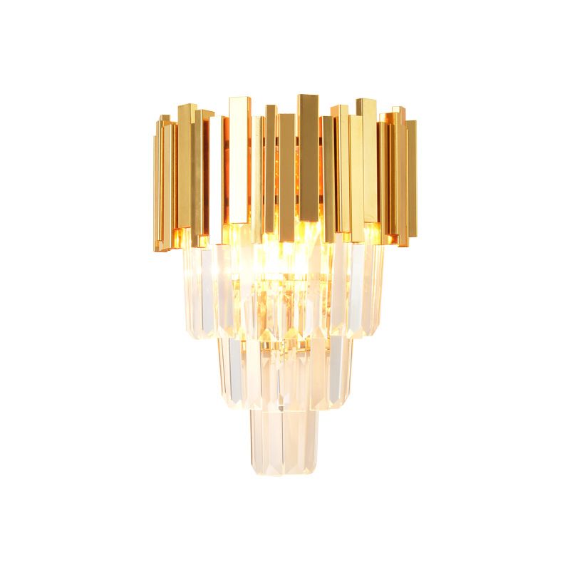 4 Layers Wall Light Fixture Postmodern Tri-Sided Crystal Rod 2 Heads Gold Sconce Light