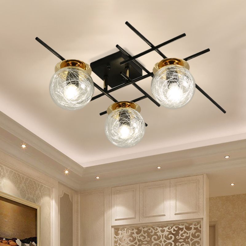 Minimal 3 Heads Semi Flush Light with Clear/Smoke Gray Glass Shade Black Ball Close to Ceiling Lamp for Bedchamber