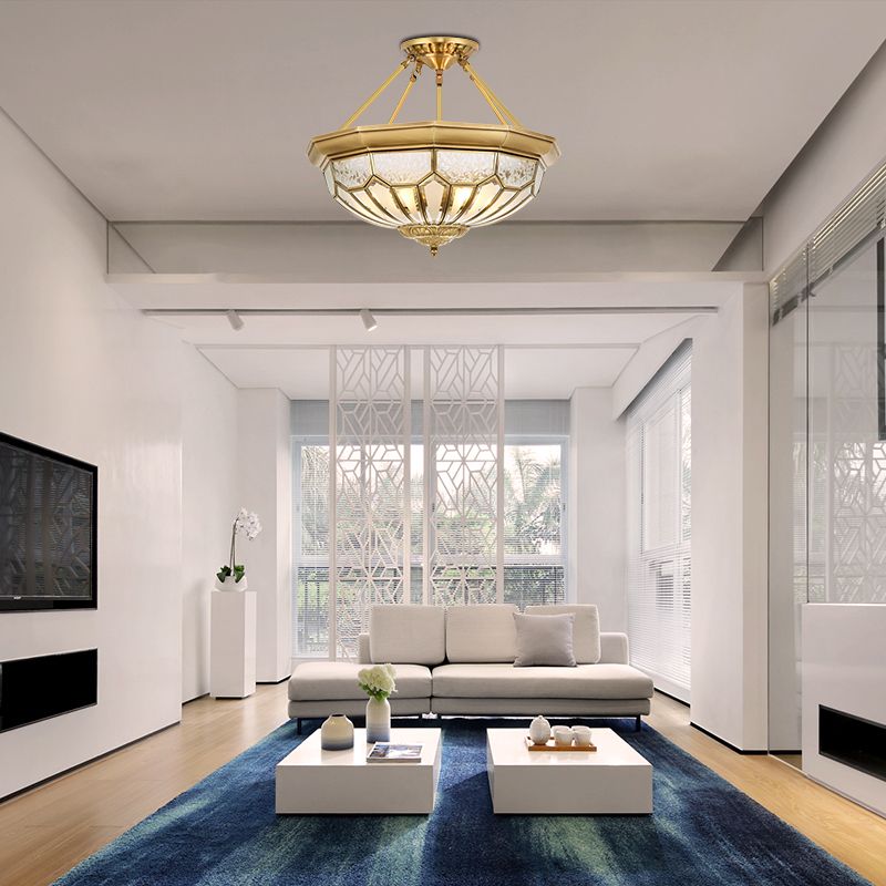 18"/19.5" Wide Bowl Bedroom Semi Flush Light Antique Frosted Glass 4/6 Lights Gold Semi Mount Lighting