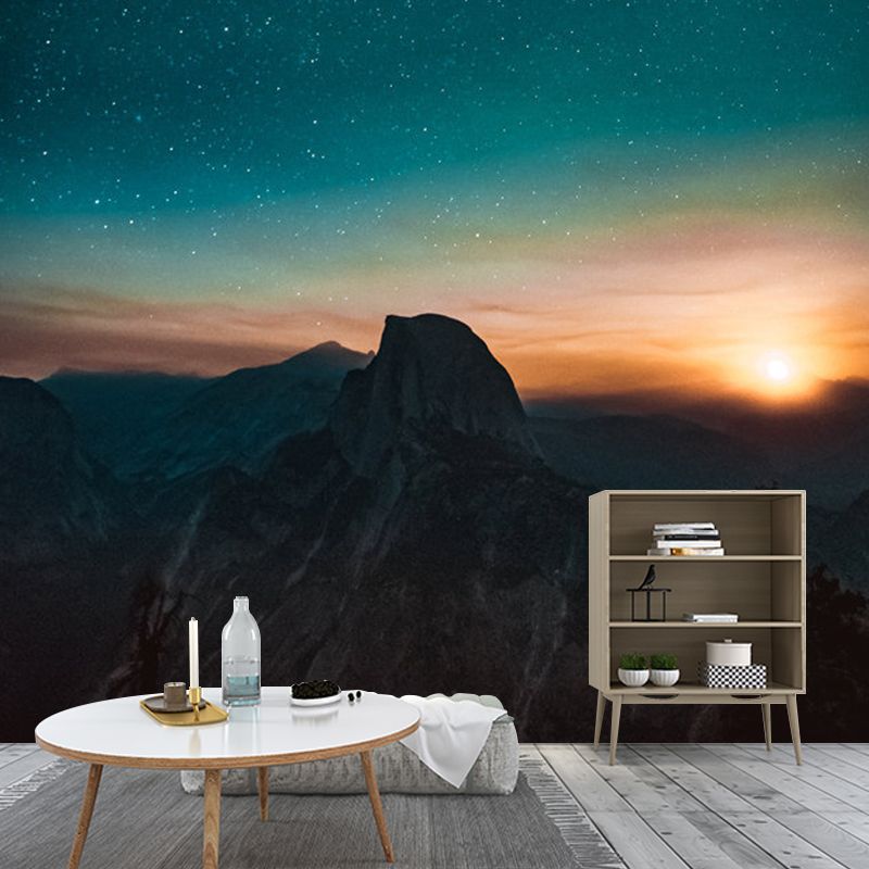Full Night Sky Mural Wallpaper in Blue and Orange Non-Woven Fabric Wall Covering for Accent Wall, Custom-Made
