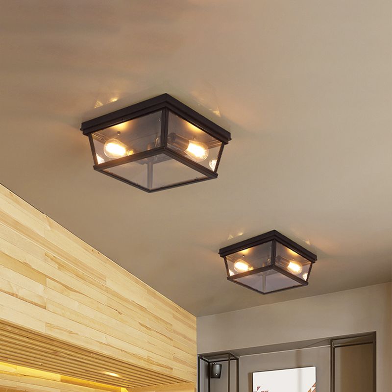 Black Cube Flush Mount Ceiling Light Farmhouse Clear Glass 2 Bulbs Kitchen Flushmount Lighting