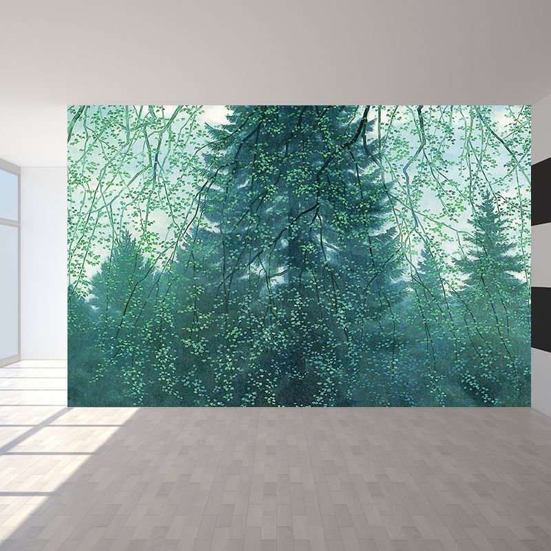Modern Woodland Mural Wallpaper Green Dining Room Wall Art, Custom Size Available