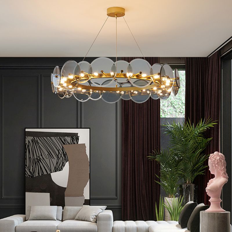 Gold Circle Chandelier Modern Multi Light Hanging Light with Glass for Bedroom