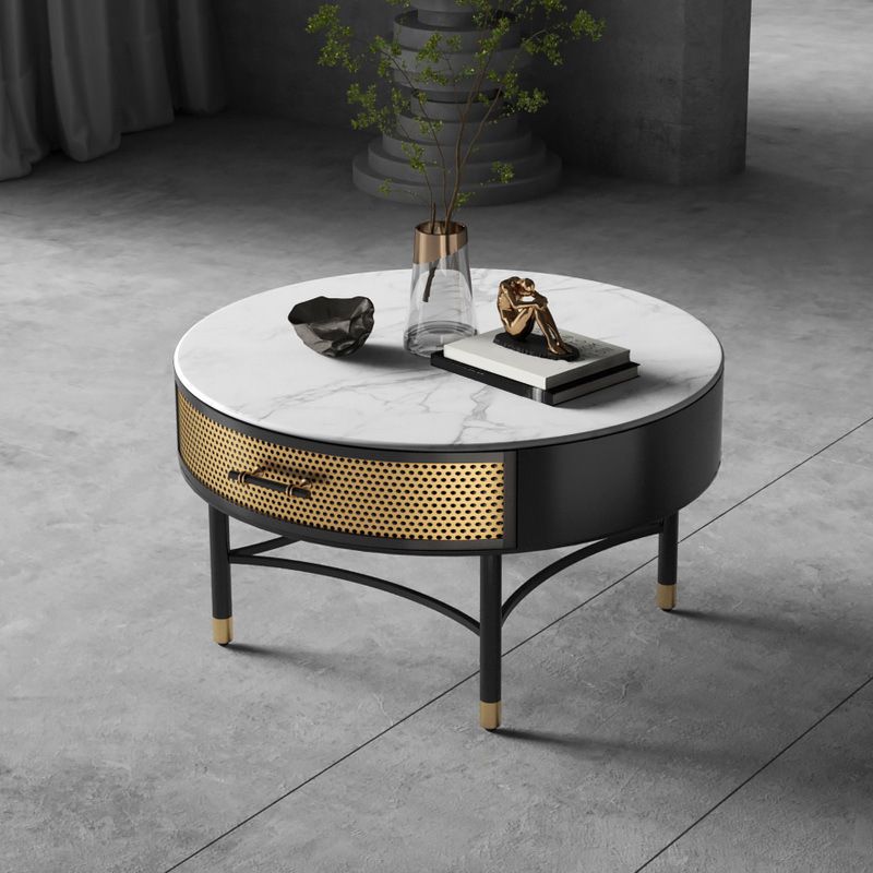 17.7" H Round Slate Coffee Table 4 Legs Cocktail Table with Drawer