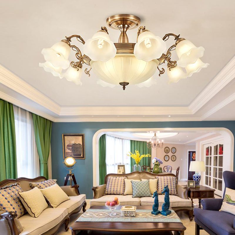 American Style Ceiling Light Flower Shape Ceiling Lamp with Glass Shade for Bedroom