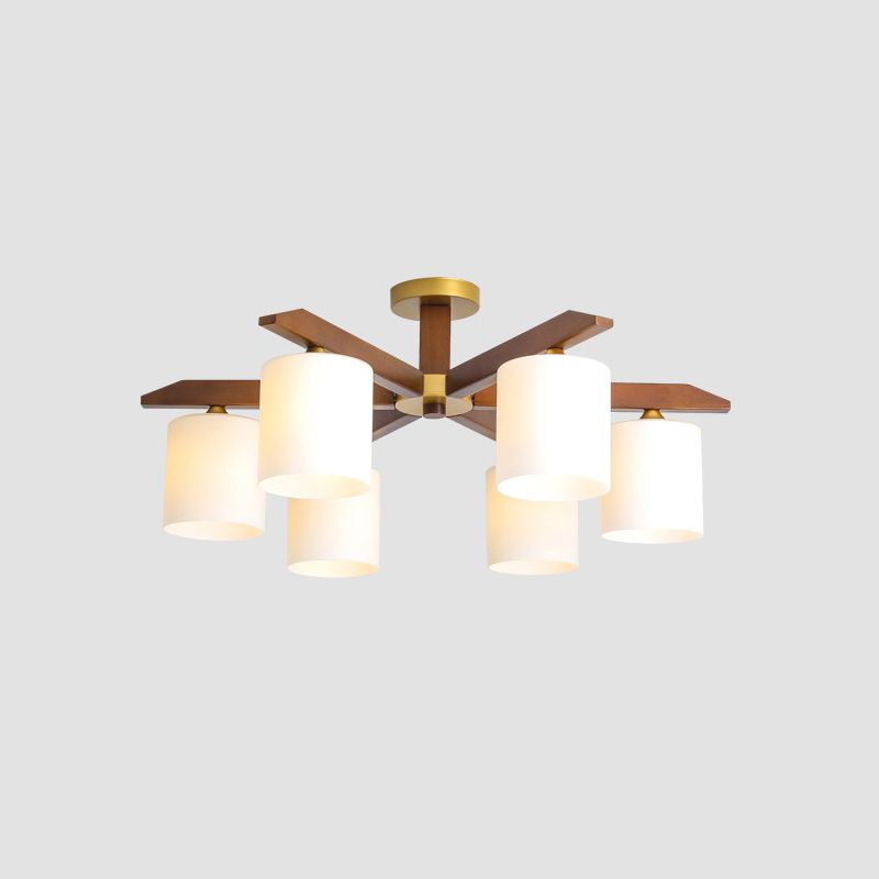 Abat-jour cylindrique en verre crème, éclairage semi-monté, luminaire Beige Simple avec auvent en bois