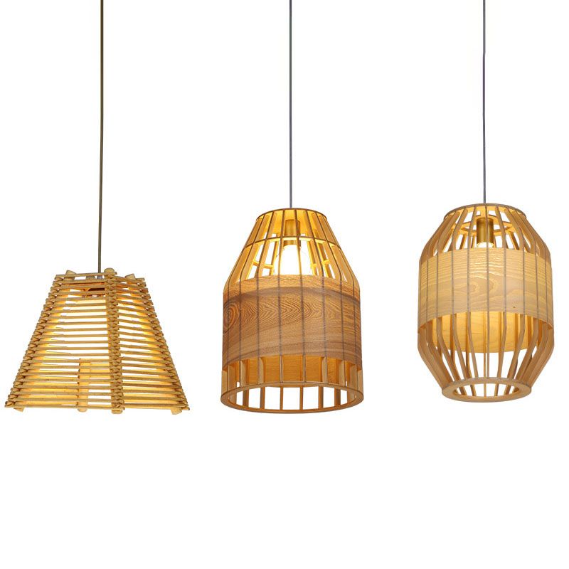 Bamboo Slatted Hanging Light Kit Asian 1 Light Wood Down Lighting Pendant over Table