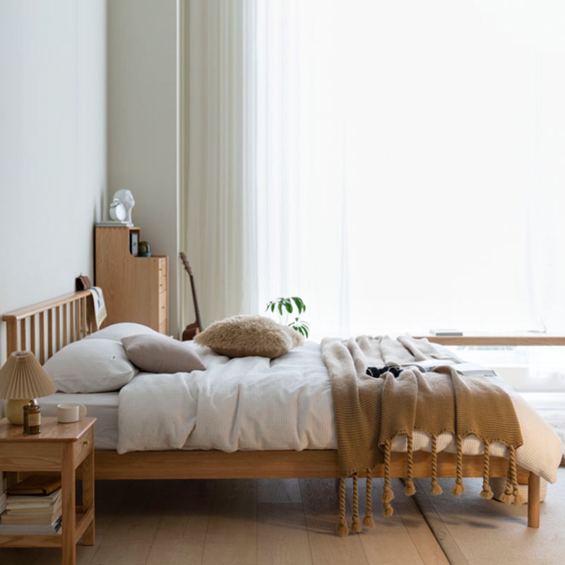 Scandinavian Solid Color Oak Mattress Included with Headboard Slat Bed