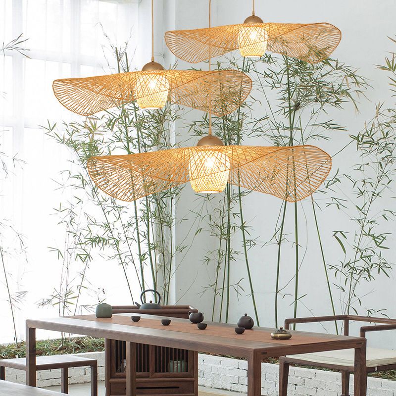 Lotus Leaf Bamboo Ceiling Light Modern Single Wood Hanging Pendant Light for Restaurant