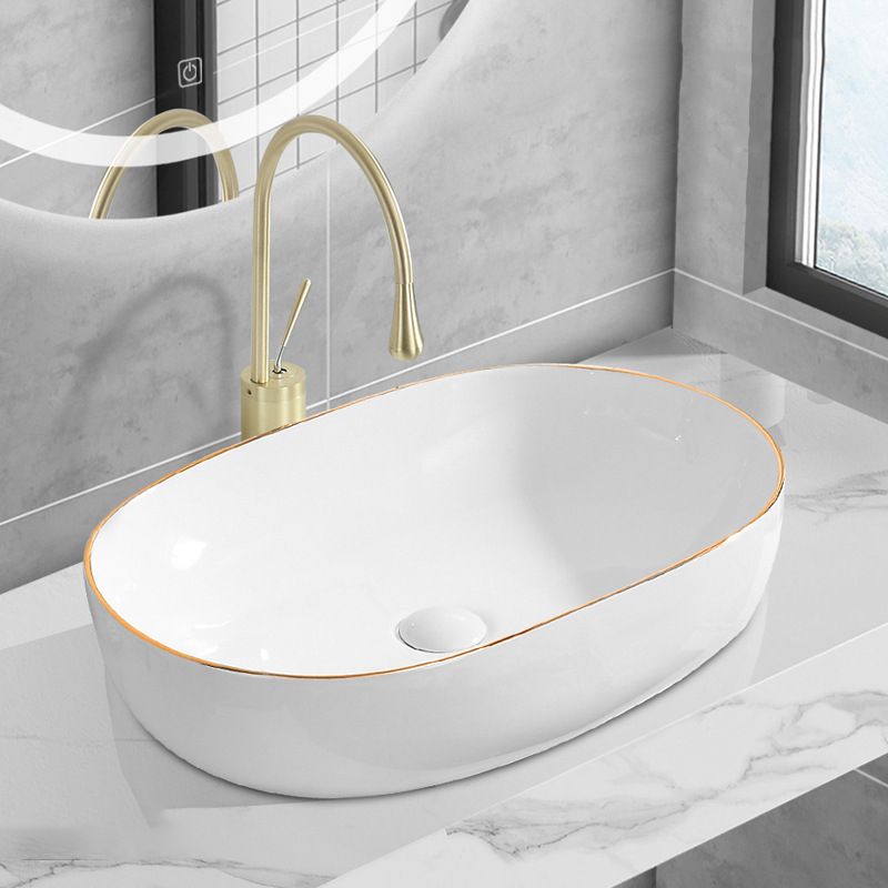 Modern Vessel Lavatory Sink Porcelain Oval Shut-Off Valve Included Vessel