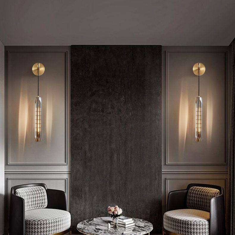 Modern Luxury Single Hanging Wall Lamp Copper Cylindroid Wall Light with Crystal Shade