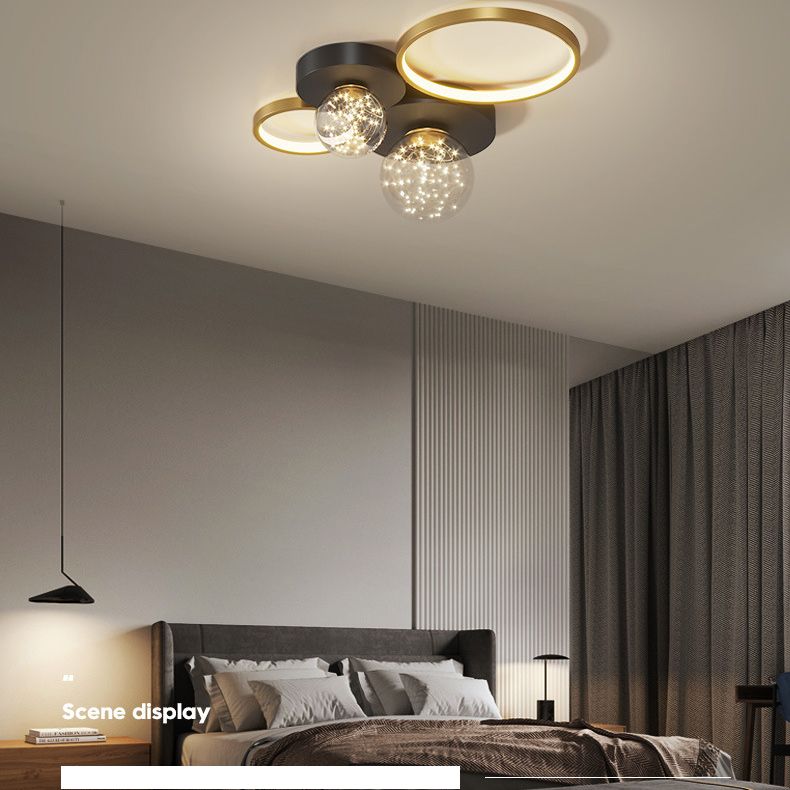 Círculos de estilo de simplicidad contemporánea Lámpara de techo LED Camas de luz LED creativa Bola de vidrio transparente Luz de montaje de montaje para sala de estar para sala de estar