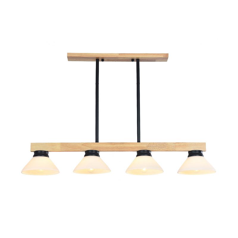 Nordic Linear Wood Hanging Light 4 Heads Island Ceiling Light in Gold/Black Finish with Cone Opal Glass Shade