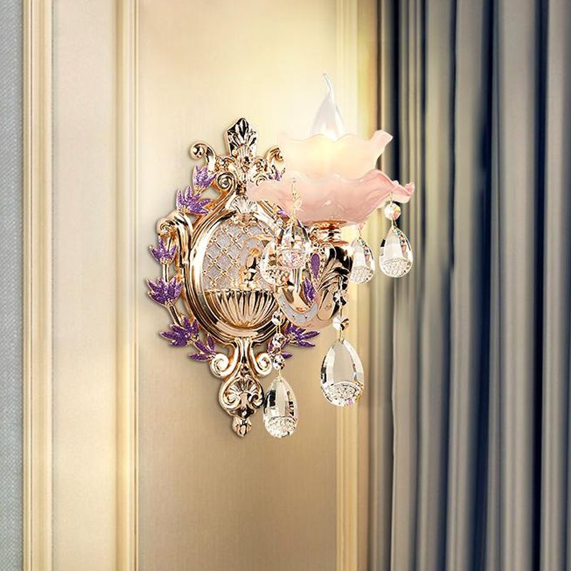 Ruffle Purple Glass Glasce Lamp Countryside 1/2-Light Liver Room Mur Mount Éclairage avec K9 Crystal Drop