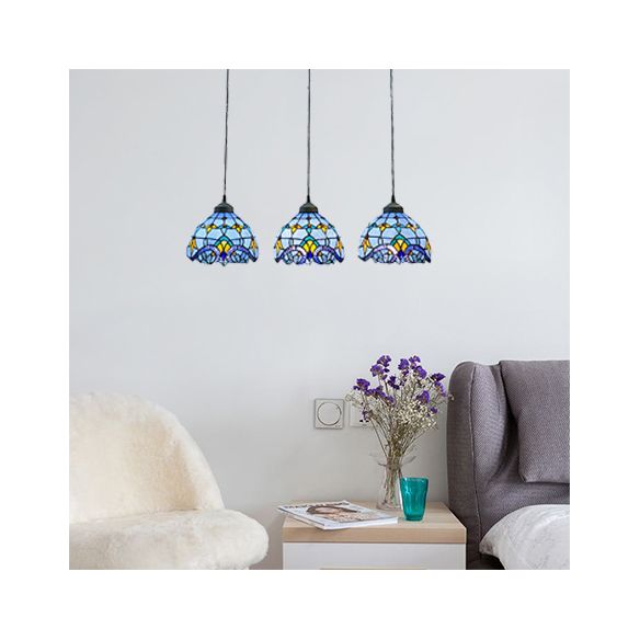 Victorian Dome Pendant Light Stained Glass 3 Heads Linear/Round Hanging Light in White/Blue for Dining Room